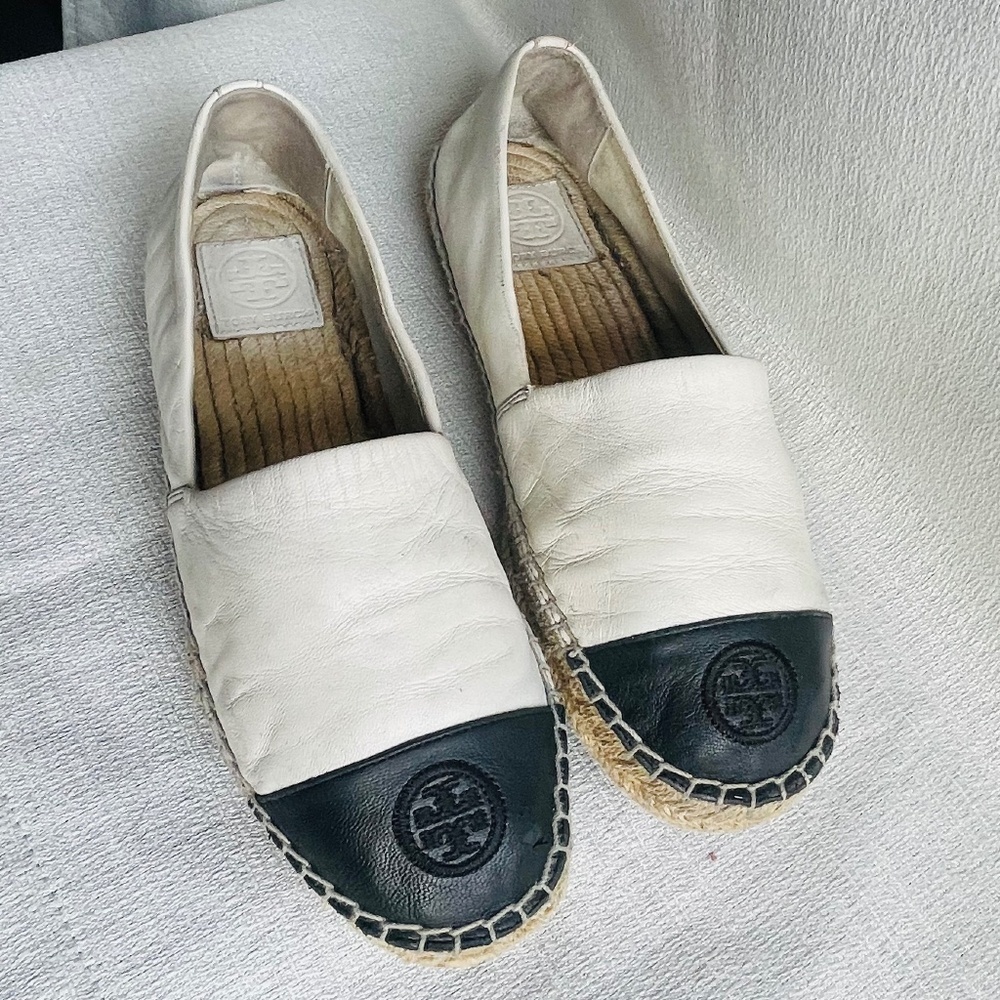 TORY BURCH Colorblock Espadrilles Leather Ivory Black Women’s - Picture 2 of 9